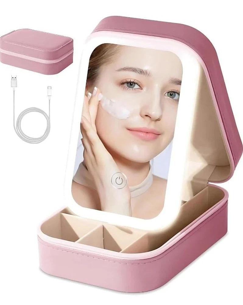 LED Makeup Box with Adjustable Light Mirror Portable Cosmetic Organizer