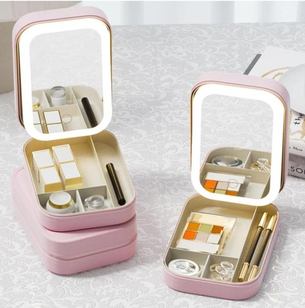 LED Makeup Box with Adjustable Light Mirror Portable Cosmetic Organizer