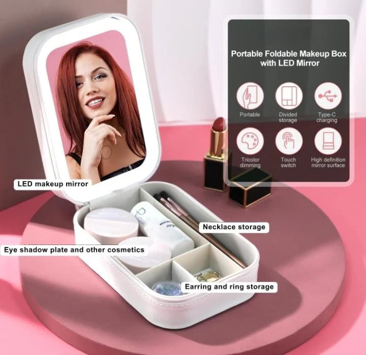 LED Makeup Box with Adjustable Light Mirror Portable Cosmetic Organizer